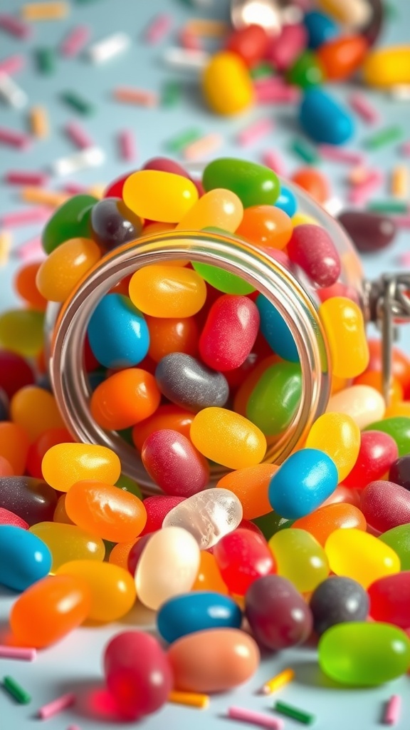 A jar filled with colorful jelly beans in bright colors, surrounded by sprinkles.